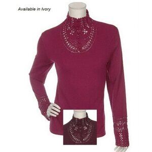 Angora Blend Sweater with Crochet Detail Ivory